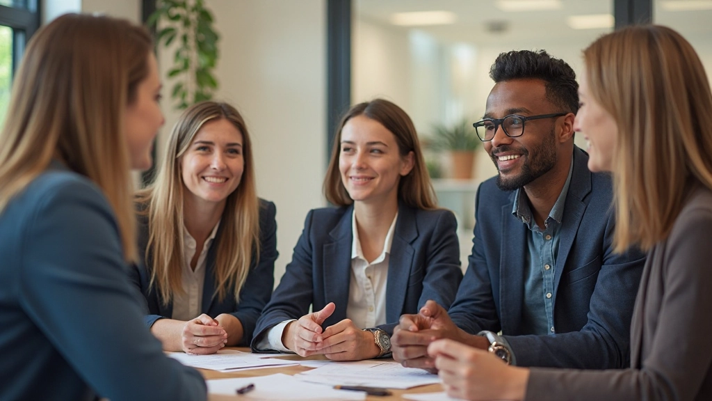 Professionele foto van twee personen in natuurlijke conversatie in modern kantoor met neutrale achtergrond