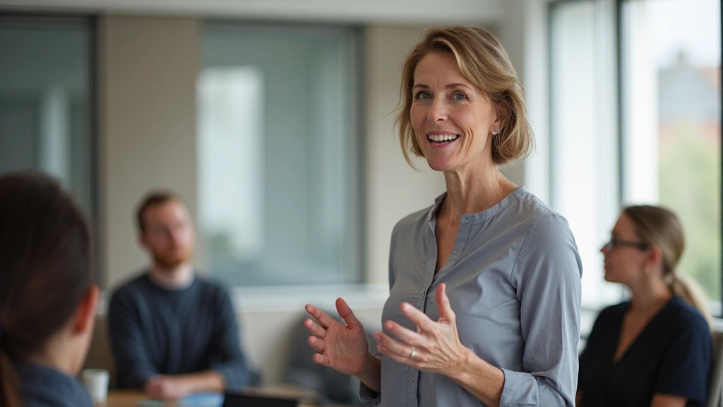 Professionele foto van Nederlands conversatiedocent die les geeft in interactieve klasruimte met studenten