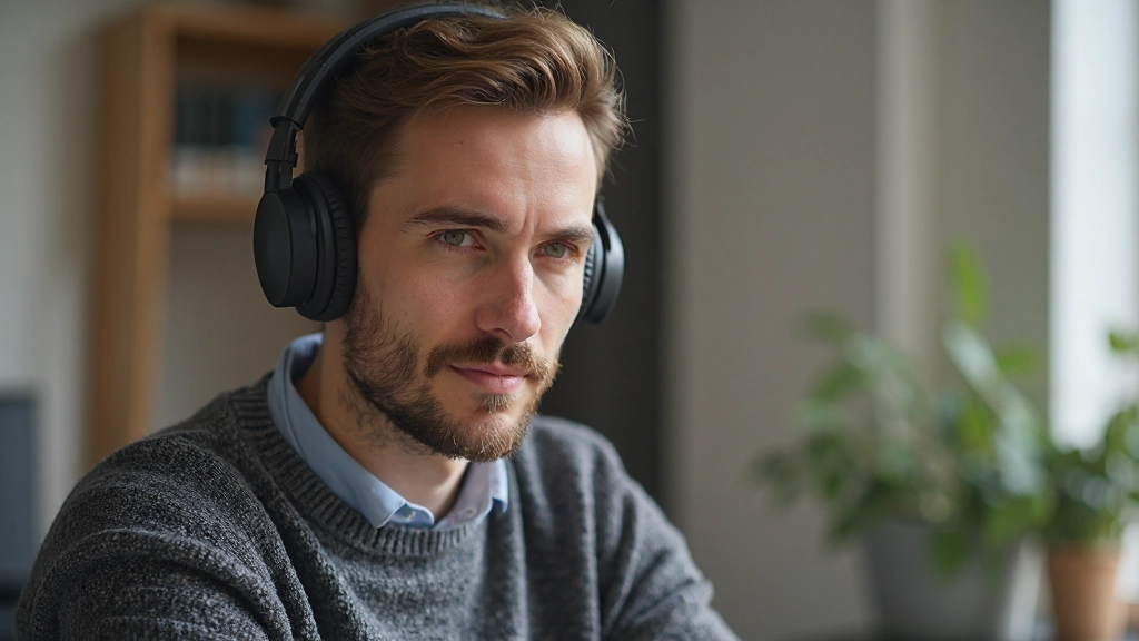 Professionele foto van persoon die aandachtig luistert met koptelefoon in comfortabele leeromgeving